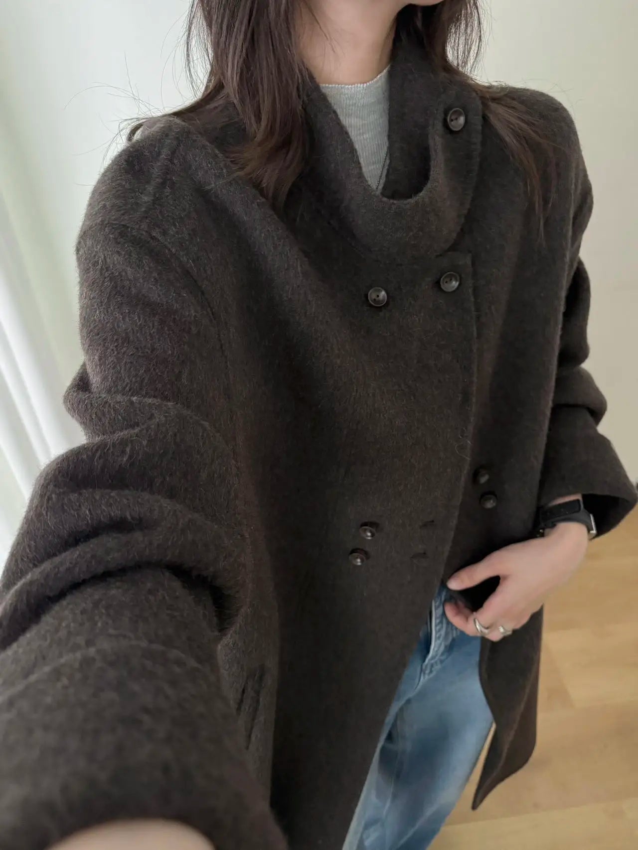 Ladies' 100% wool coat, high-end slimming stand up collar, double breasted loose long woolen coat, autumn and winter bestseller