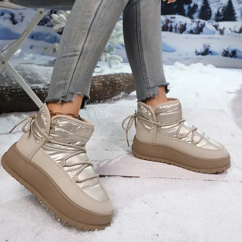 Comfort Platform Waterproof Snow Boots Women 2026 Winter Lace Up Decoration Thick Bottom Moon Boots Women Plush Short Booties