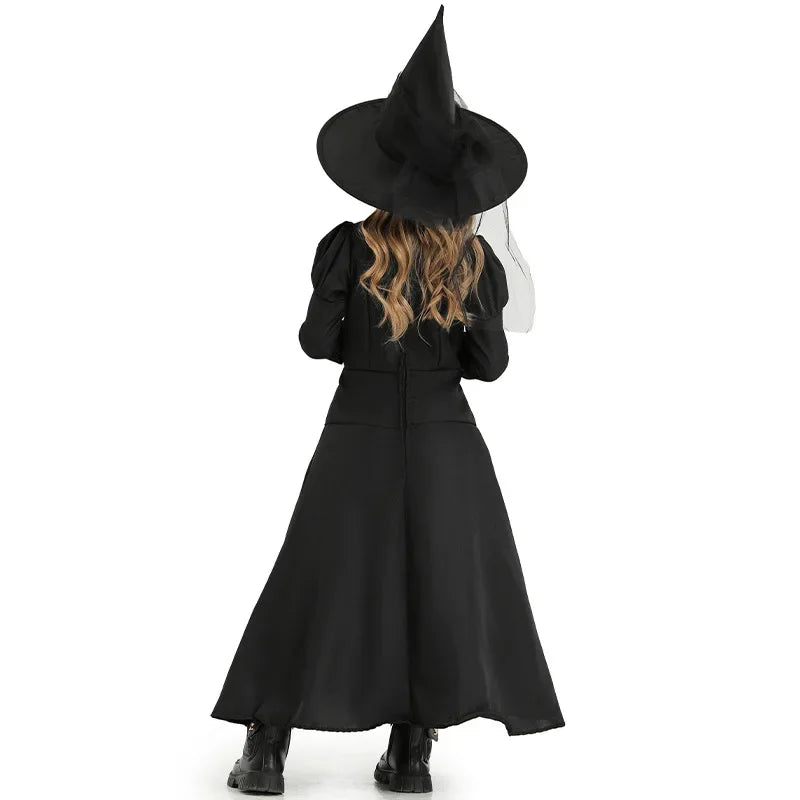 Halloween Wizard Cosplay Costume Kids Adult Halloween Women Deluxe Wicked Witch Costume Black Full Length Dress