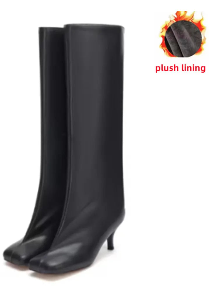 2025Women's Autumn and Winter New Slim Fit High Heels Knee High Boots Fashionable Plus Size Medium Long Boots Knight Boots