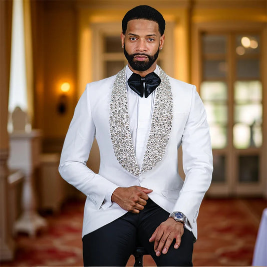 Bling Beaded Wedding Tuxedo for Men Slim Fit Male Fashion Suits Stunning 2 Pieces Suit Jacket with Pants Custom Made Costume