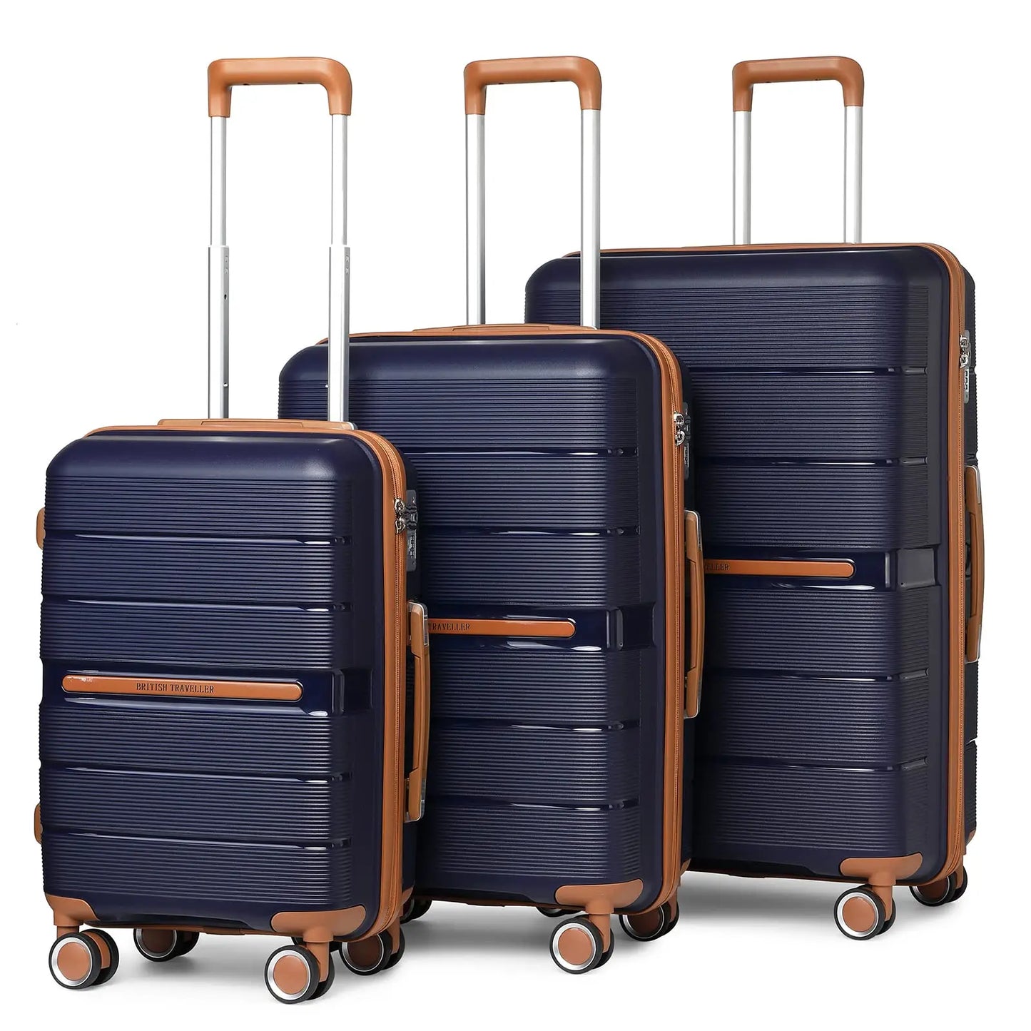 British Traveller 3 Piece Case Set 100% PP 8 Spinner Wheels TSA Lock Hard-Shell hand luggage Dark Blue