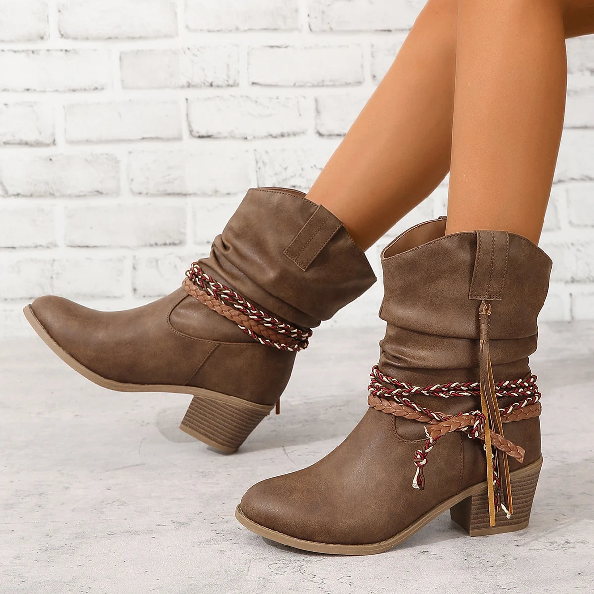 Pleated Fringed Thick Heels High Heels Fringed Boots Braids Round Toe European and American Mid-Top Women's Boots