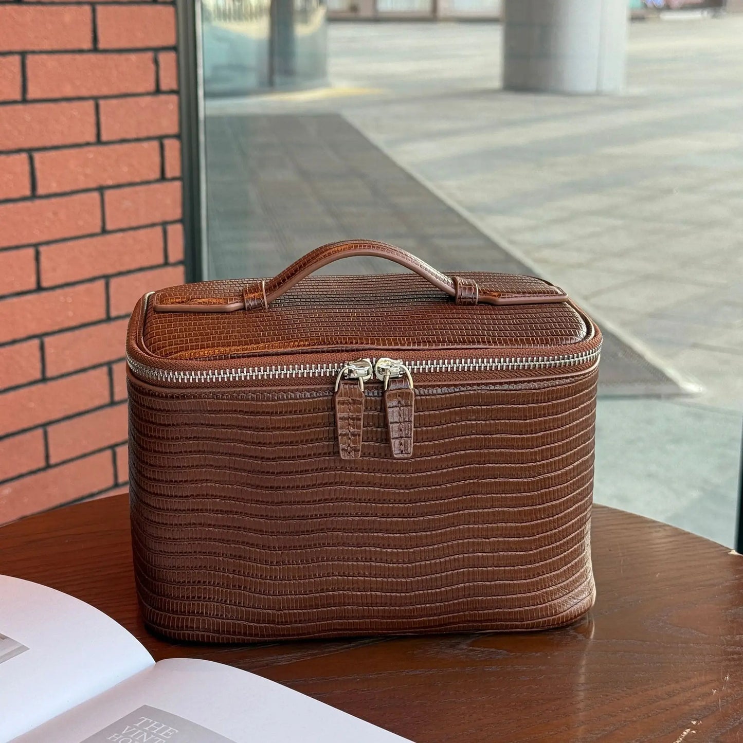 Firstgrain Cowhide Himalayan Crocodile Pattern Vanity Case Genuine Leather Square Portable Large-Capacity Hand-Held Cosmetic Bag