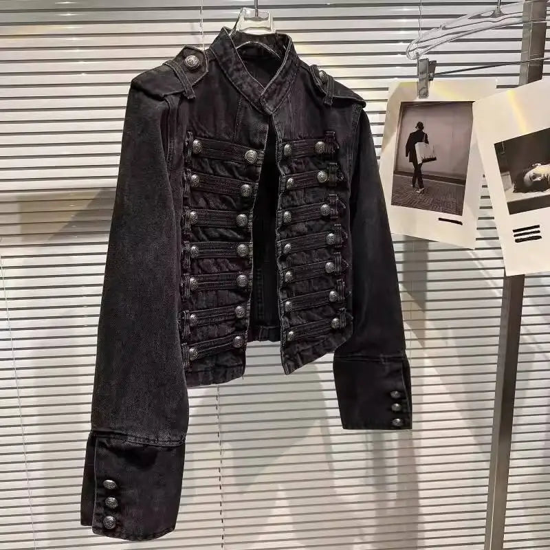 DEAT 2026 Autumn New Fashion Metal Buckle Design Shoulder Strap Denim Short Jacket For Women High Street Coat Female 11A06995