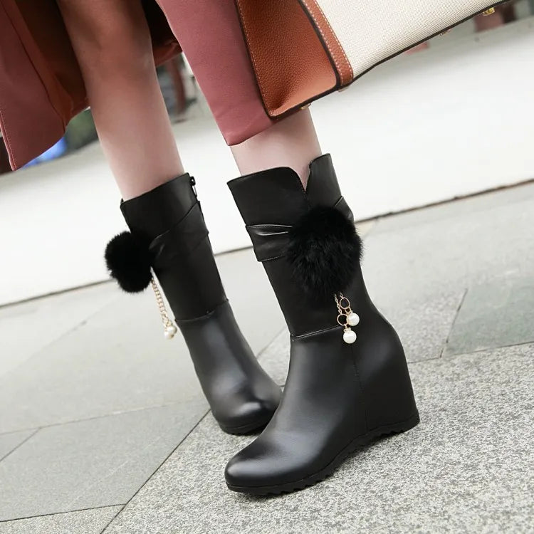 Women Snow Boots Autumn Winter Keep Warm Fur Wedges Increasing Faux Suede Round Toe White Princess Boots New 2026