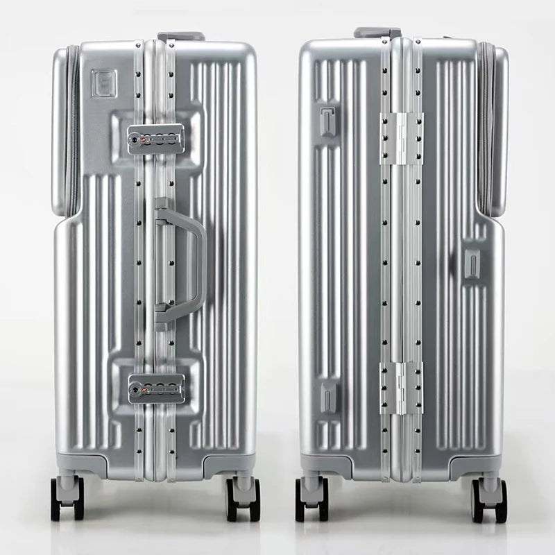 New 20'' Boarding Box Front Opening Suitcase Aluminium Frame 24/27 inch Rolling Luggage with Cup Holder Mobile Phone Holder