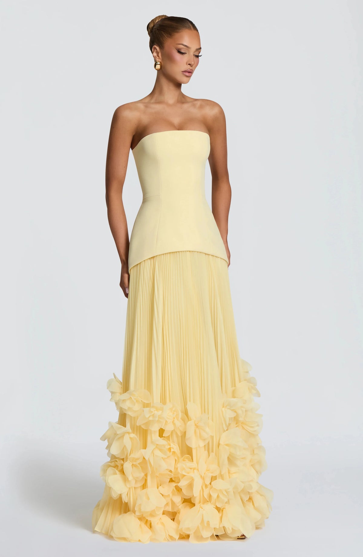 Sexy Lemon Strapless Corset Maxi Gown Sleeveless Corset Pleated Chiffon 3d Floral Hem Flowy Skirt Formal Evening Party Wear