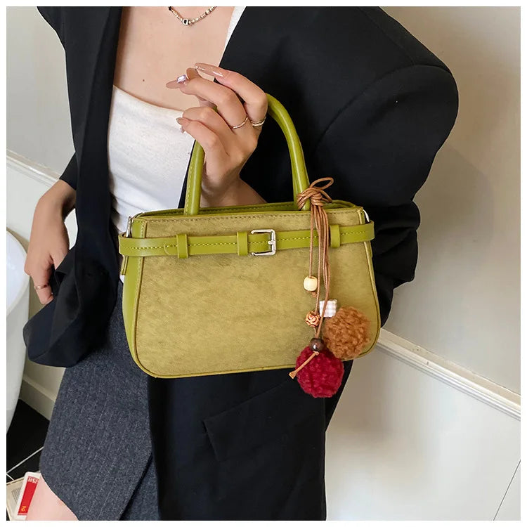 Retro Faux Suede Women's Handbag Fashionable Small Square Bag 2025 Winter Simple Short Handle Single Shoulder Crossbody Bag
