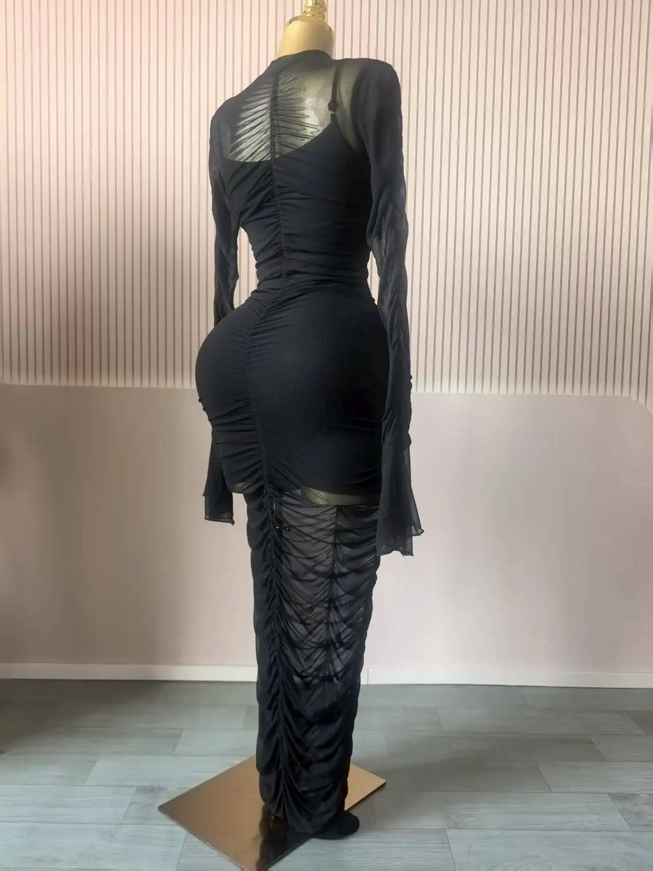 CM.YAYA Women Flare Long Sleeve Stacked Ruched Mesh See Though with Tank Dress Maxi Long Dress 2025 Birthday Sexy Party Dresses