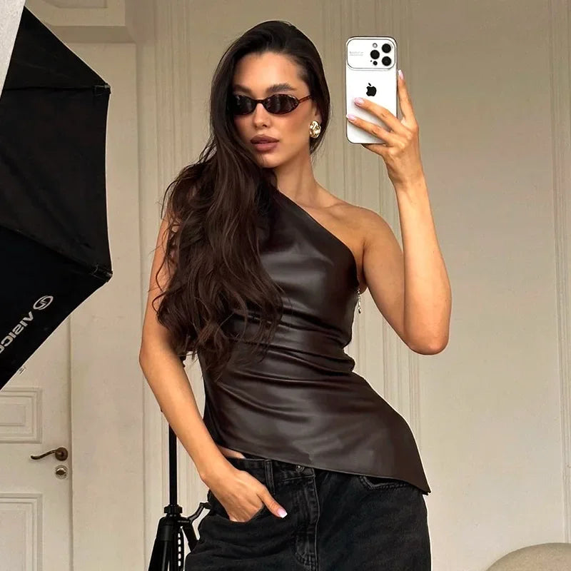PixieKiki Fashion PU Leather Sleeveless T Shirts Side Zipper One Shoulder Asymmetrical Tops Women Clothing Fall 2024 C85-CA12