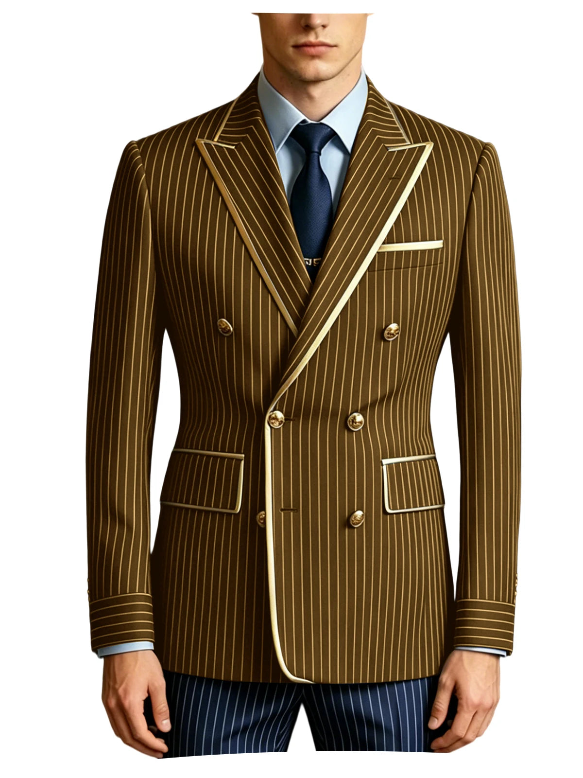 Men's Double Breasted Pinstripe Blazer Slim Fit Formal Business Suit Jacket Luxury Gold Trim  Tuxedo for Wedding Party Office