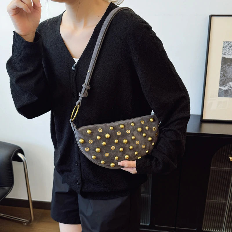 MOODS Branded Half-moon Shoulder Bags For Women Faux Suede Rivets Decor Crossbody Hobo Bags 2025 Latest Designer Handbags Luxury