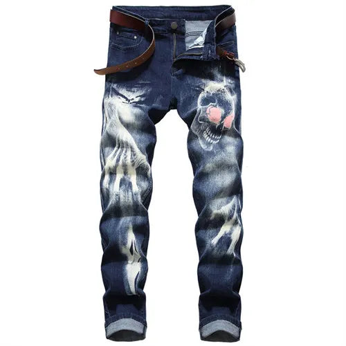 Blue Men's Jeans 3D Digital Print Stretch Denim Pants Blue Black White Trousers Men Fashion Slacks 28-34 36 38 40 42