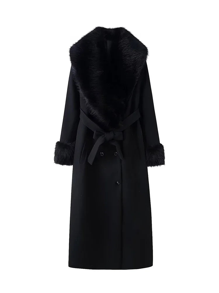 HH Winter Women Elegant Fur Collar Pockets Woolen Long Coat Female Temperament Warm Lapel Long Sleeve Double-breasted Belt Jacke