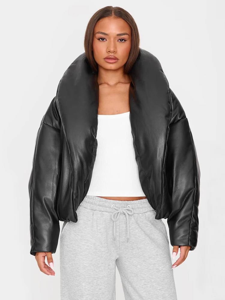 Kliou Faux Leather Puffer Coats Woman Winter Warm Trend Stand Collar Full Sleeve High Street Casual Fashion Style Crop Jacket