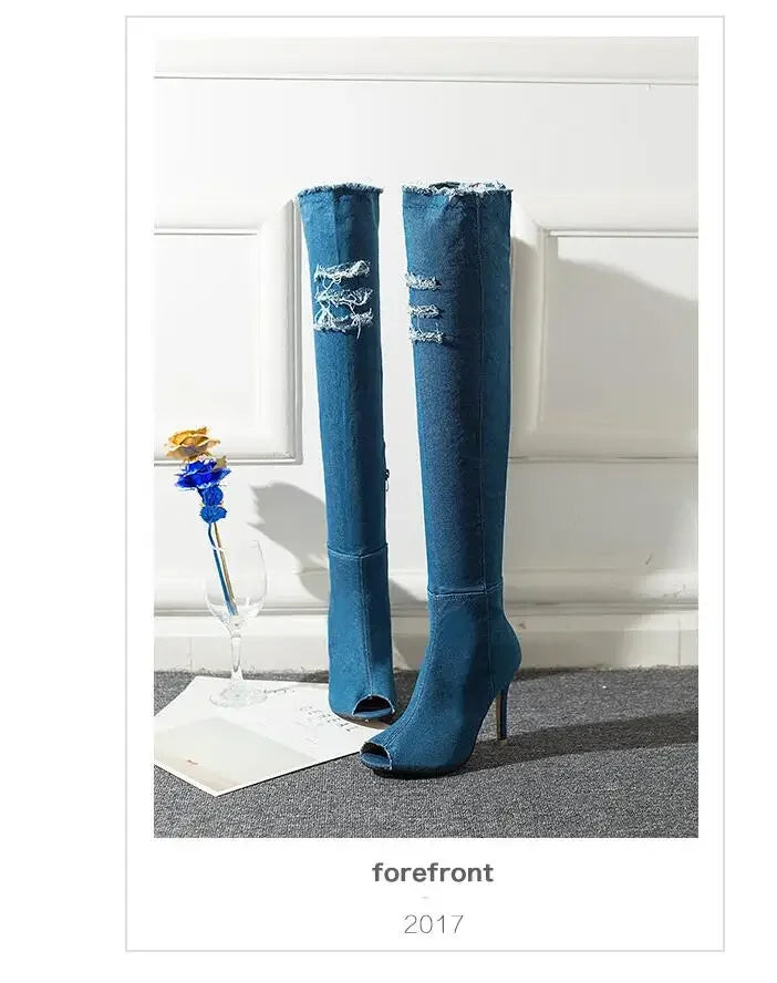 Summer Autumn Thigh High Boots Women Fashion Peep Toe Over The Knee Boots Blue Denim Jeans Zipper Long Boots Shoes Ladies