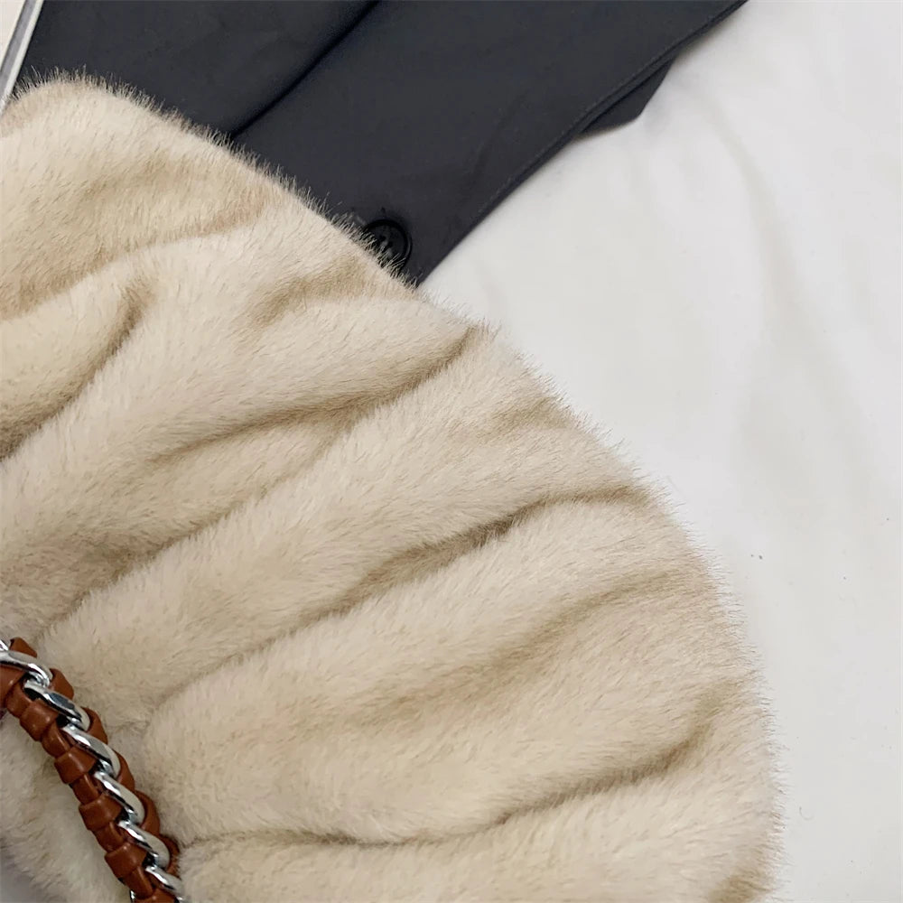 MOODS Pleated Design Faux Fur Shoulder Bags For Women 2024 Luxury Designer Purses And Handbags Winter Warm Soft Plush Hobo Bags