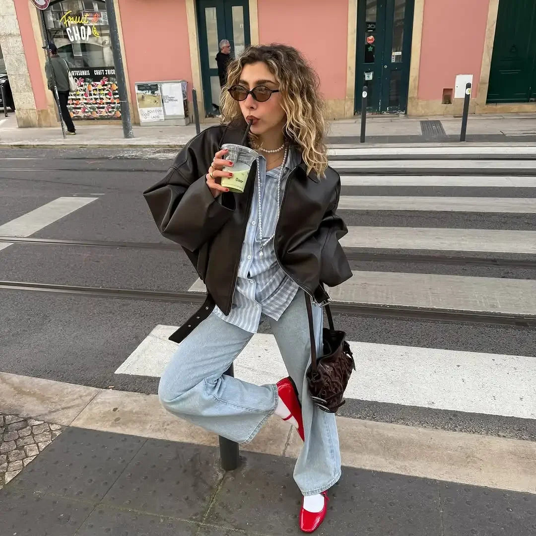 Casual Lapel Zipper Waist Belt Short Leather Jacket 2026 Women Loose Solid Pocket Pu Coat Autumn Lady Daily Highstreet Jackets