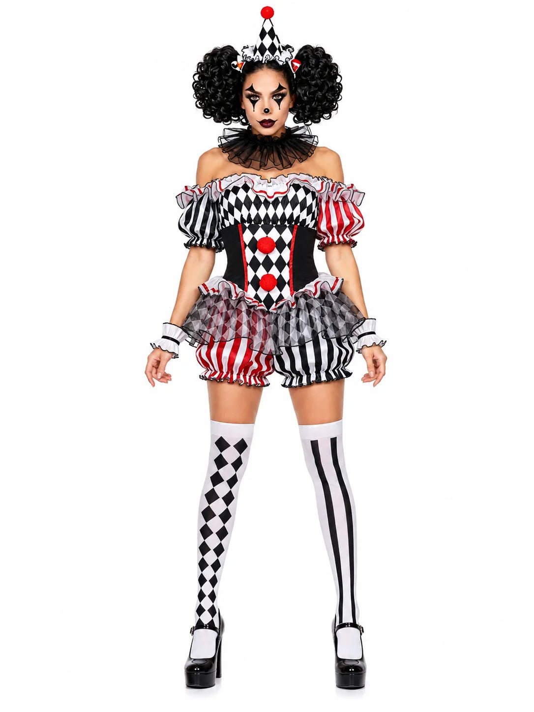 Women's Halloween Evil Clown Costume Sexy Circus Cosplay Off Shoulder Diamond Pattern Ruffled Bloomer Outfit with Hat Mesh Collar Wrist Cuffs Fancy Dress