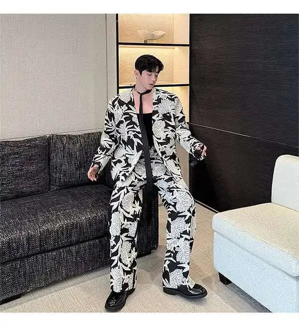 IEFB Niche Design Men's Two-piece Collarless Embroidery Blazer Loose Straight Suit Pants Contrast Color Male Sets New 9C7485