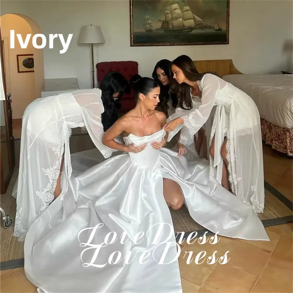 Customized Simple Stain Strapless Pleats A-Line High Side Slit Wedding Dress Pastoral Sleeveless Boat Neck Backless Lace Up 2026