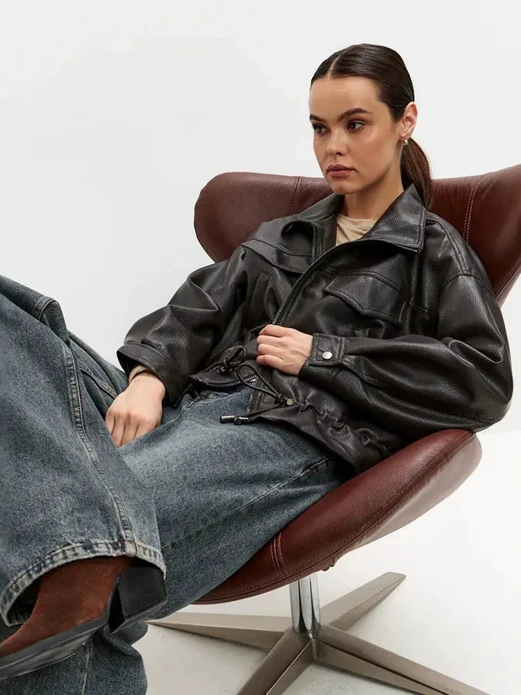 LGRQ Stand‑Collar Long Sleeve Biker Faux Leather Jacket Women Vintage Drawstring Waist Cropped Outerwear 2026 Autumn 19DB3772