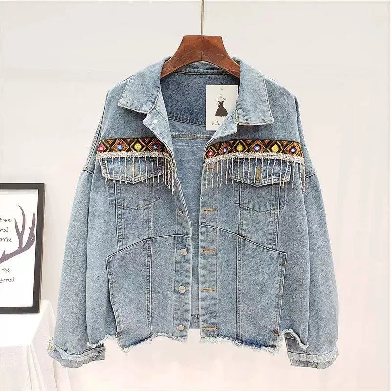 European and American style heavy industry embroidery splicing denim jacket 2025 new print loose casual denim women's jacket top