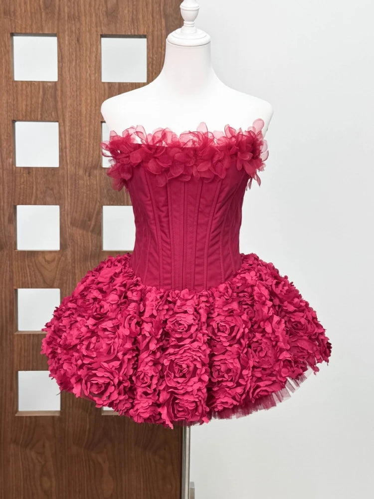Sexy Strapless Flower Lace A-line Mini Dress Women Red Sleeveless Backless Floral Slim Dresses Evening Party Cocktail Gowns