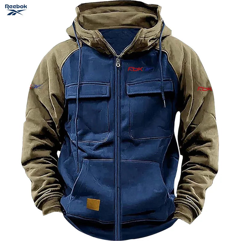 Reebok Men's Zippered Patched Warm Fleece Pullover for Autumn/Winter - Multiple Pockets - Stylish Hooded Jacket - Thick Outdoor
