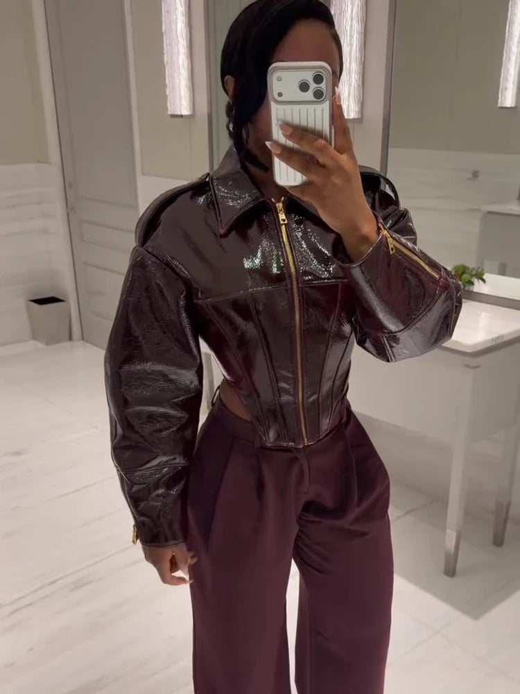 Women Chic Brown Leather Jacket With Belt Chic Full Sleeve Laple Zipper Short Coats 2026 Autumn New Ladies Street Biker Jackets