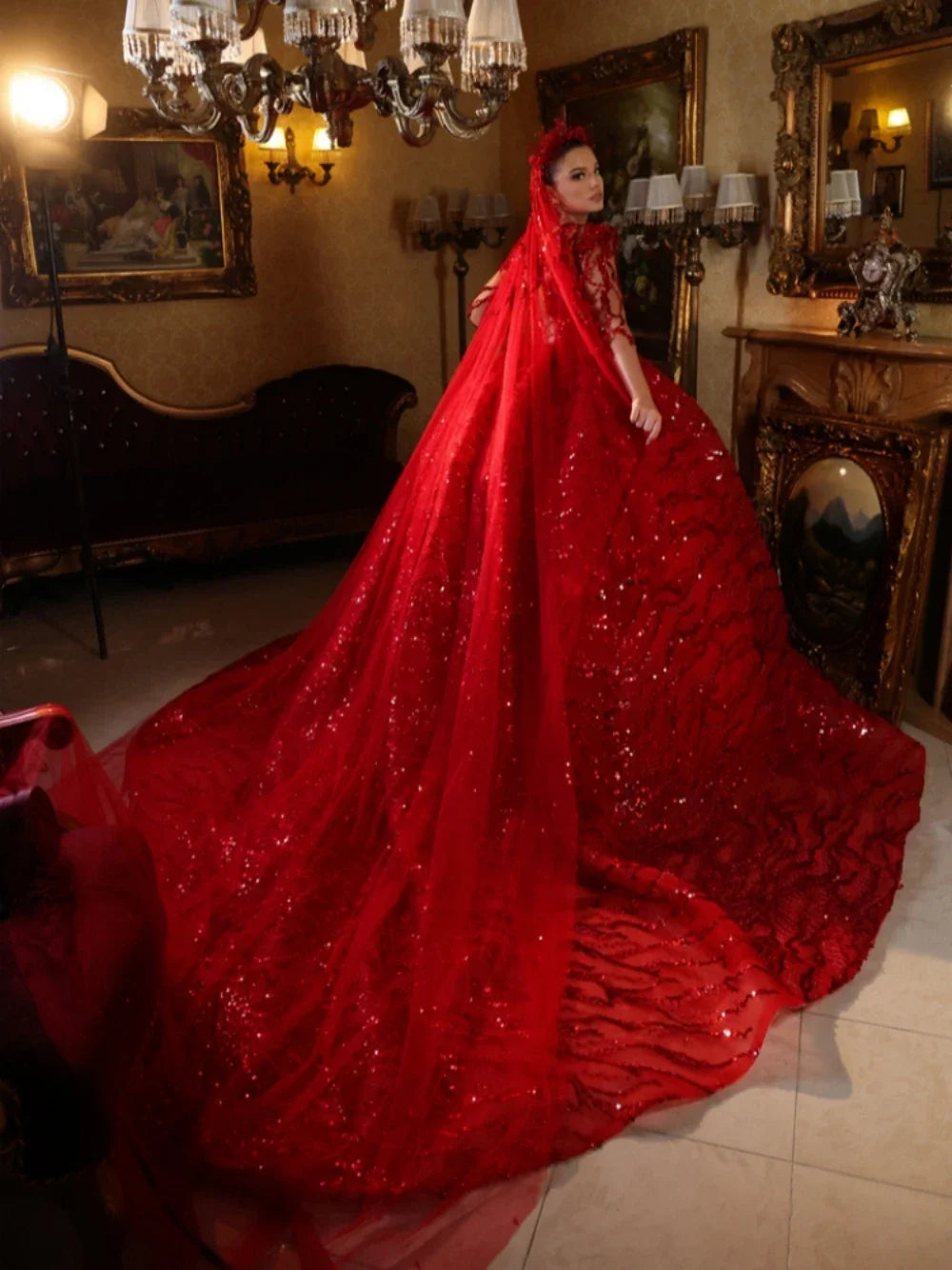 Customized 2026 Classic V-neck Quarter Sleeve Wedding Dress Sparkly Sequins Bridal Gown  Luxury Red Bride Robe Vestidos De Novia