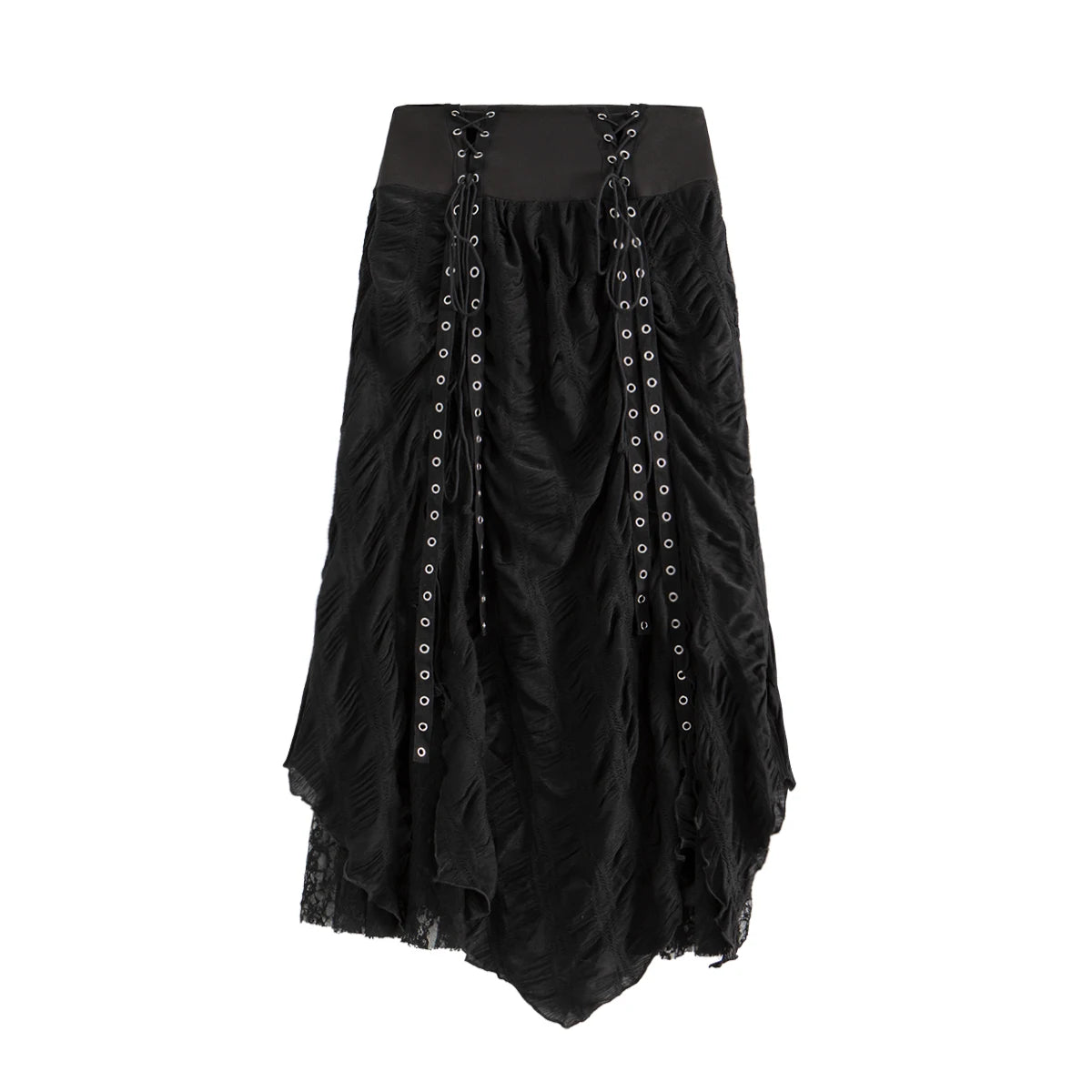 Gothic Long Skirt Bandage Lace Mesh Patchwork High Waist A Line Drawstring Split Black Skirt Irregular Aesthetic Female Fashion