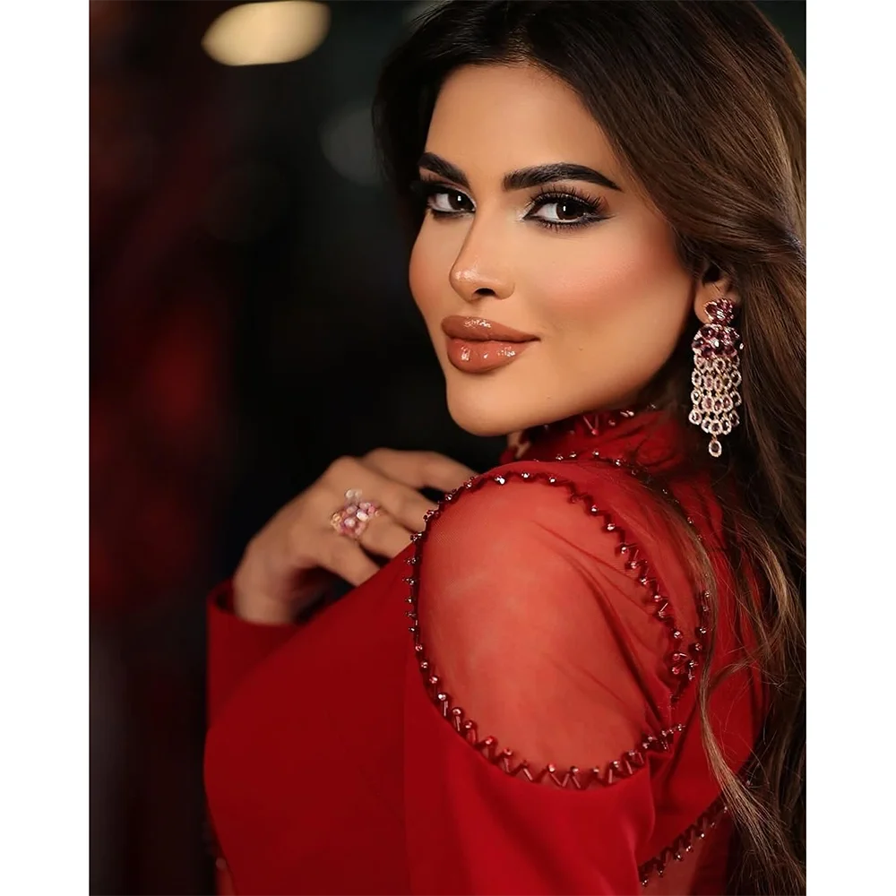 Red Evening Dresses for Women V-Neck Mermaid 2026 Evening Gowns Long Sleeves Floor Length Buttons Jersey Prom Gown Customized