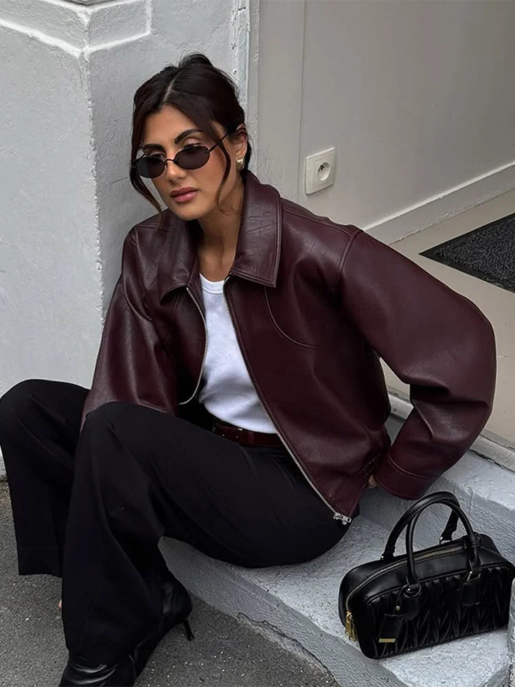Women Chic Brown Leather Jacket With Belt Chic Full Sleeve Laple Zipper Short Coats 2026 Autumn New Ladies Street Biker Jackets