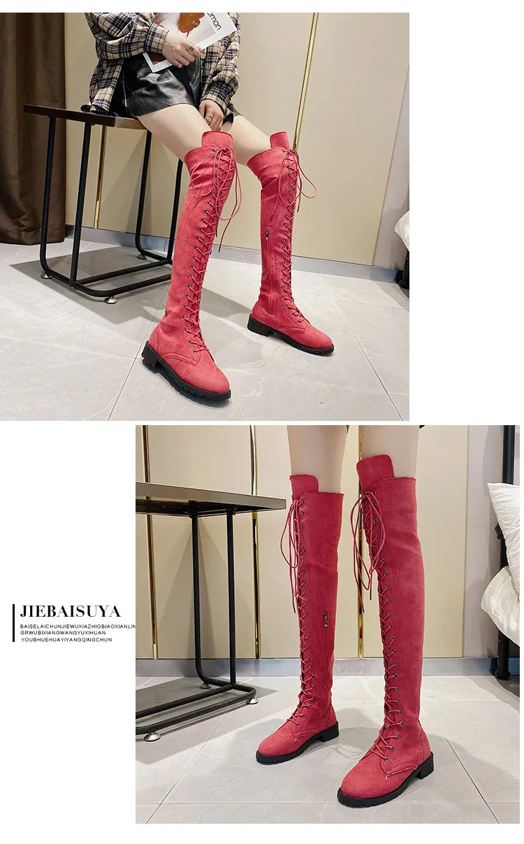 Side Zipper Lace-up Women's Long Botas Brown Black Suede Mid Heel Over-the-Knee Boots for Women Ladies Thigh High Boots Size 43
