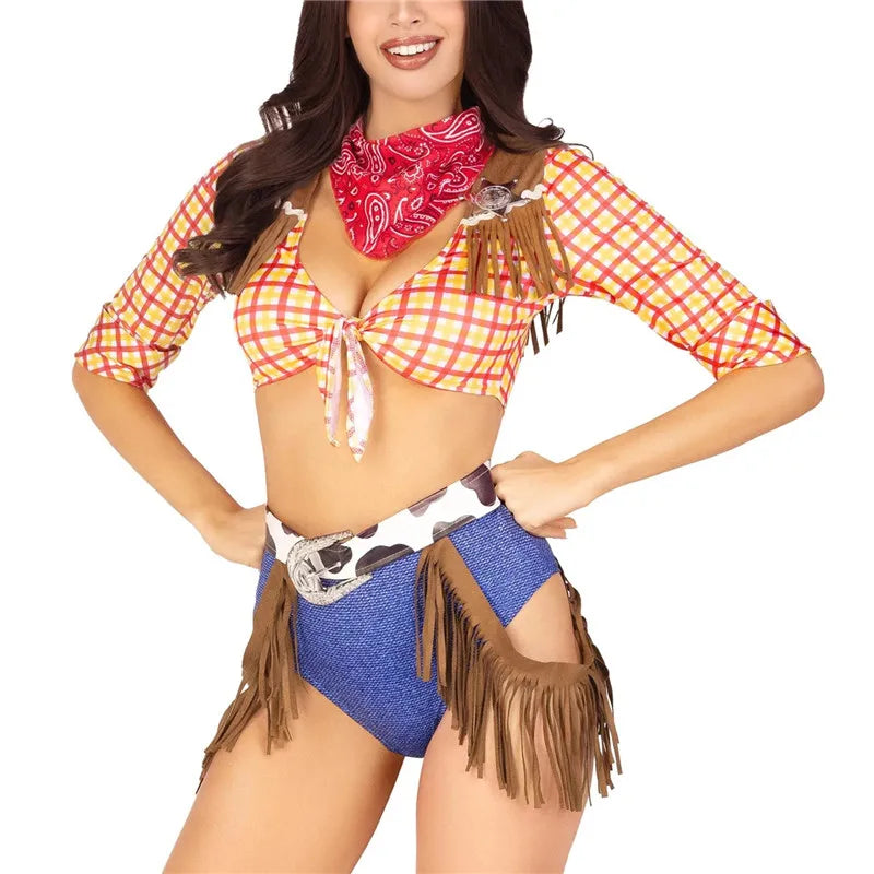 Halloween Women Cowgirl Cosplay Costume Retro Western Plaid Fringe Decor Crop Top Shorts With Bandana Belt Club Party Outfit