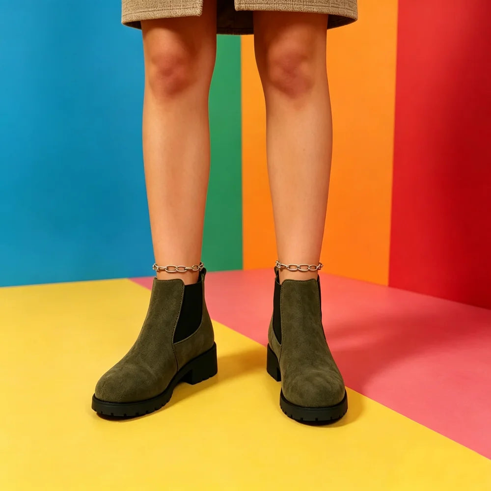 Women Suede Chelsea Boots Thick Sole Elastic Side Non Slip Casual Footwear All Season Daily Wear Comfortable Fit Chunky Design