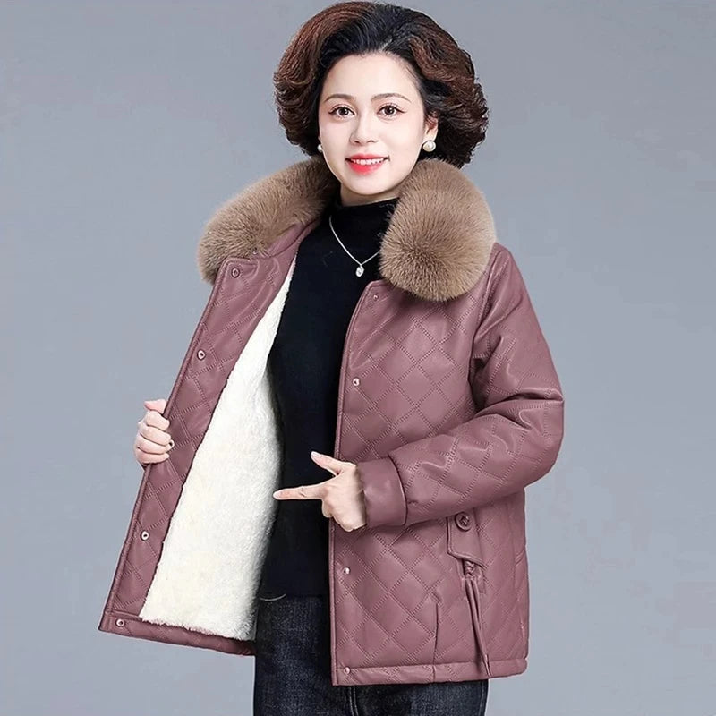 High End Middle Aged Women's Leather Jacket Winter New Thicken Warm Big Fur Collar Faux PU Leather Coat Female Outerwear 5XL