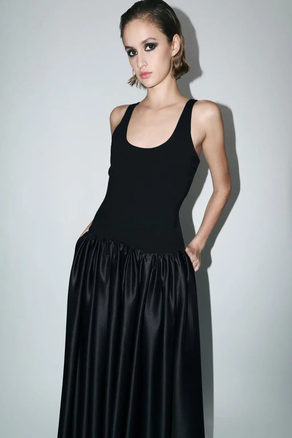 Winter New Wide oulder Strap Loose Vest Skirt Bla Splicing Dr Commute round Ne Single Piece Autumn Long Sve Asymm...