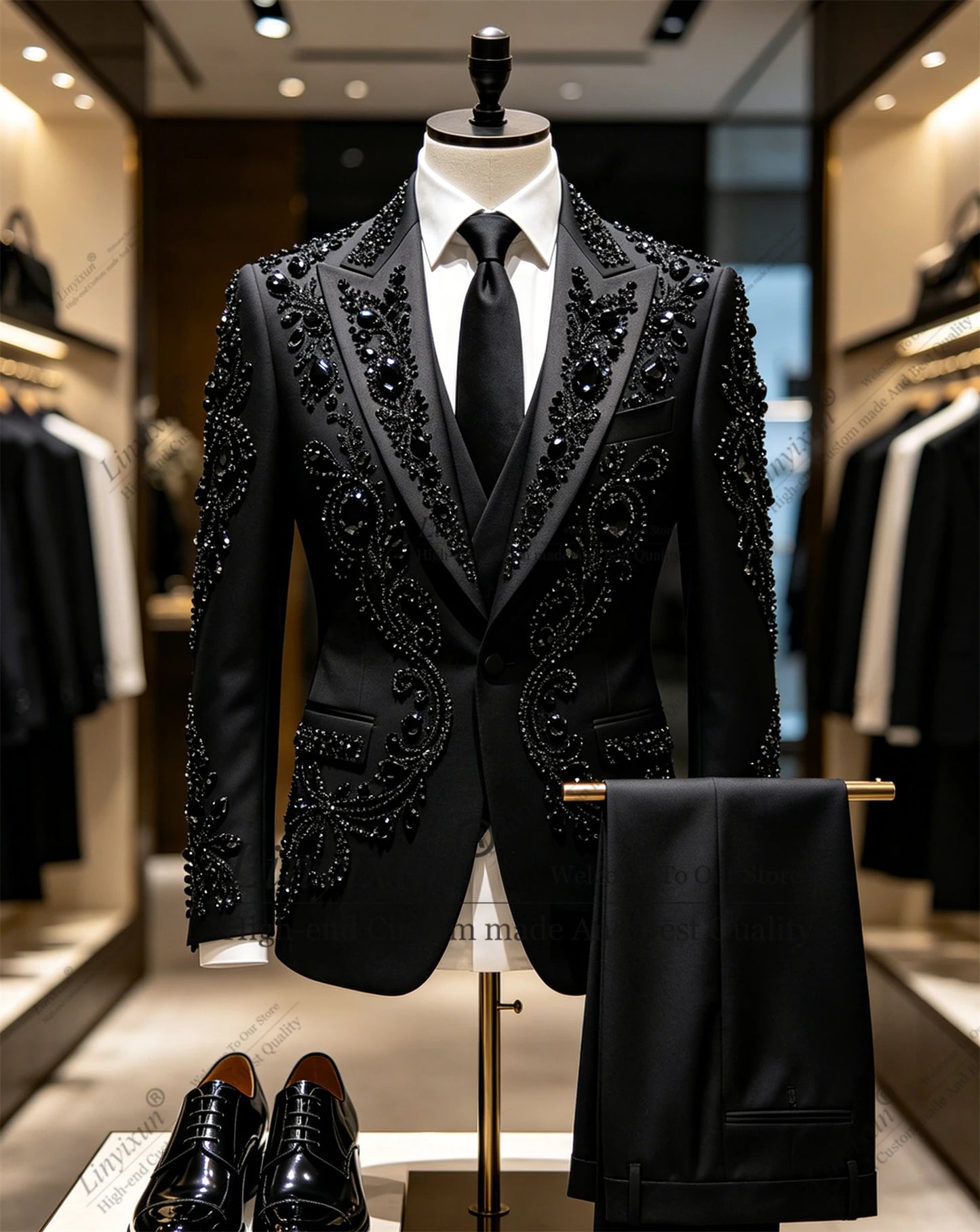 Shiny Plears Beaded Men Suits 3 Pieces Sets Groom Tuxedos Customized Party Prom Blazer Slim Fit Dinner Wedding Costume Homme