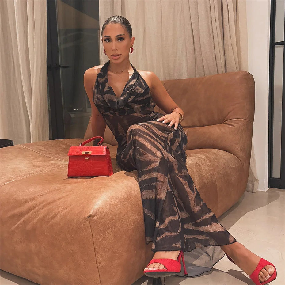 5 Wholesale Items for Boutique Dresses Summer Women Clothing Sexy Halter V-neck Print Maxi Vestido Party Club Evening Y2k M15828