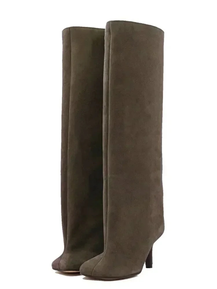 2025Women's Autumn and Winter New Slim Fit High Heels Knee High Boots Fashionable Plus Size Medium Long Boots Knight Boots