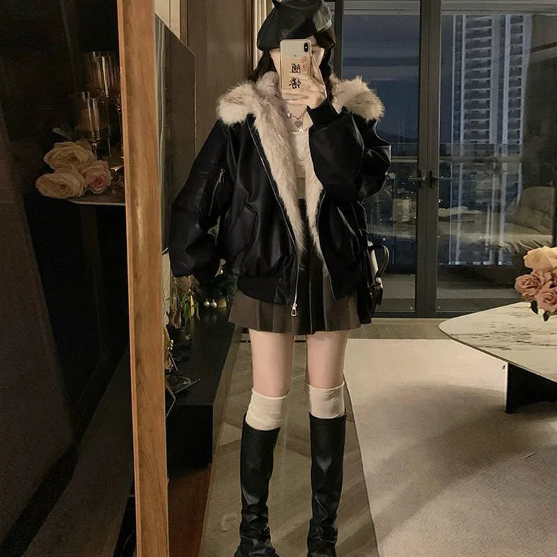 Winter Thick Warm Fleece Hooded Jacket Women Korean Fashion Loose Zipper Leather Coats Chic Full Faux Fur Lined Bomber Outerwear