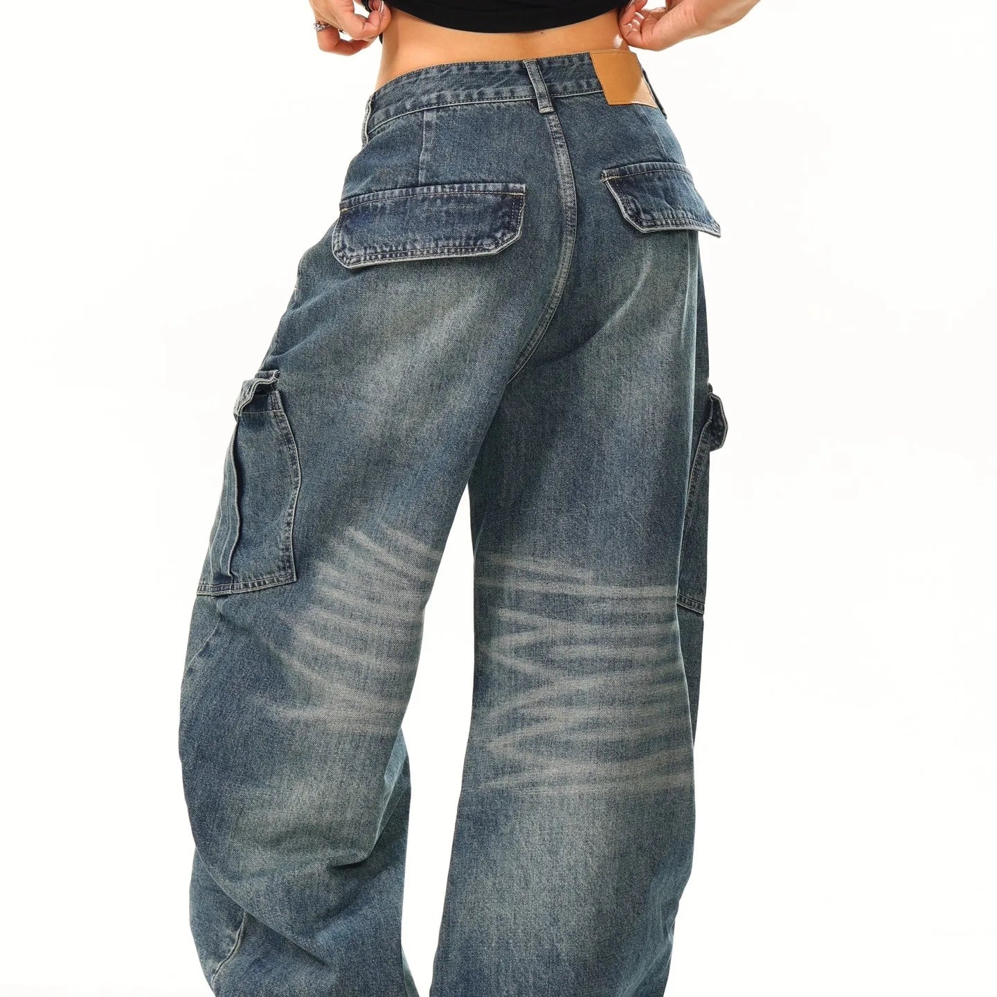 Washed American High Street Vintage Large Pocket Knife Jeans Men Women Loose Casual Long Pants Cat Drag Shape Jeans