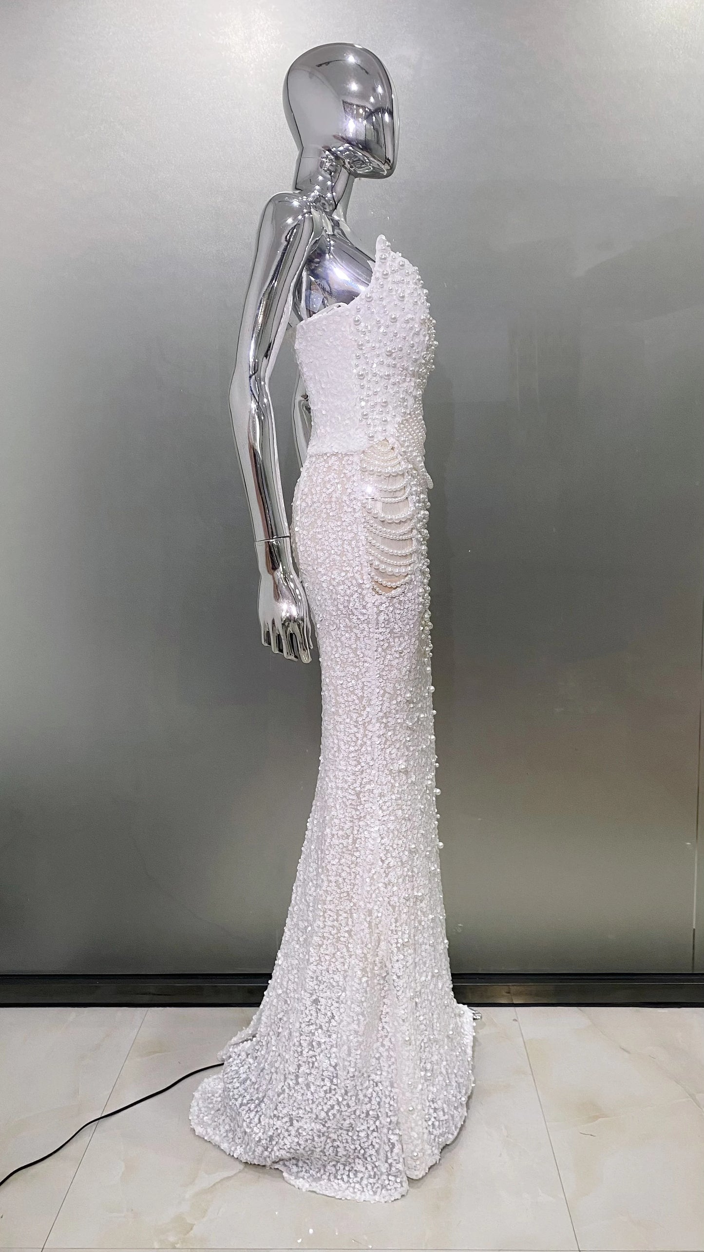 Luxury Pearl String Sexy See Through White Sequins Long Dress Elegant Woman Wedding Party Dress Red Carpet Goddess Vestido