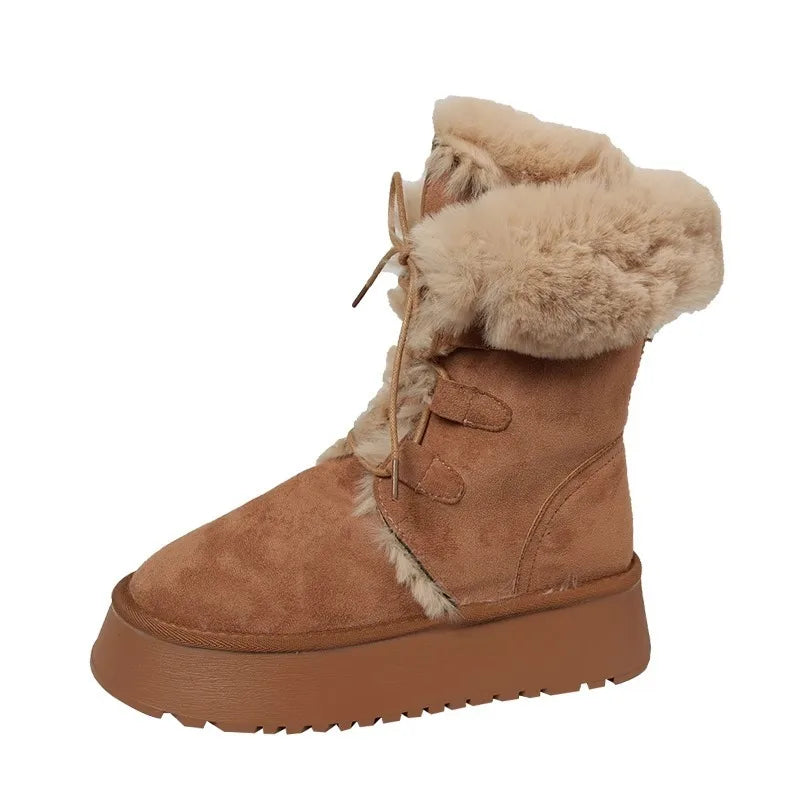 Retro fur integrated warm snow boots for women in winter 2025, new thick soled and plush thick anti slip cotton shoes