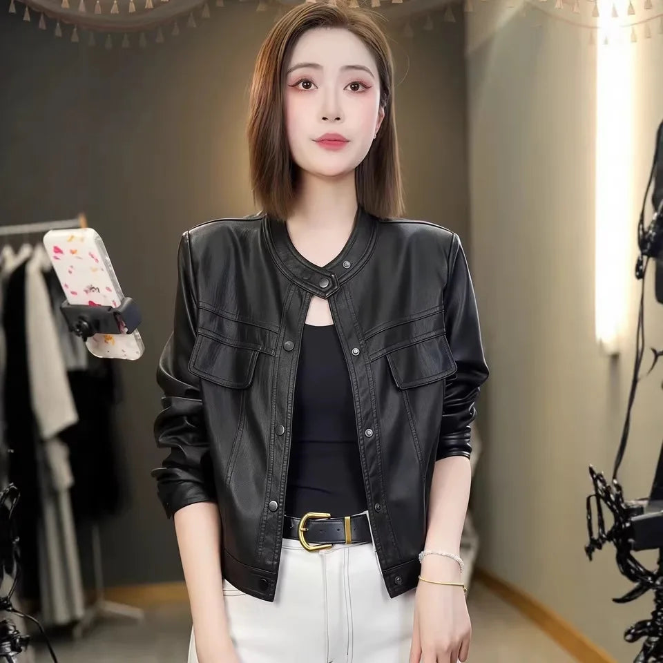 Fashionable Short PU Leather Jacket Women's Loose Slimming Biker Style Spring Autumn New Arrival Korean Version Casual Coat