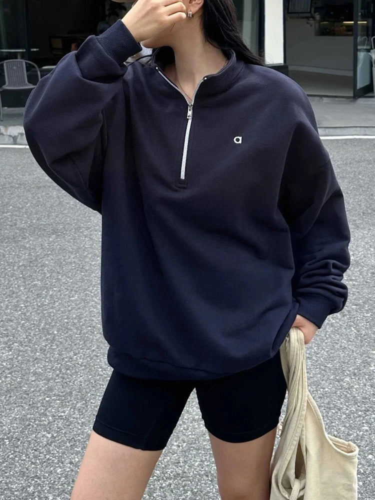 Autumn New Loose Stand Up Collar Pullover Casual Fashion Long-sleeved Gray Zip Sweatshirt Black Sports Fitness Hoodies Women