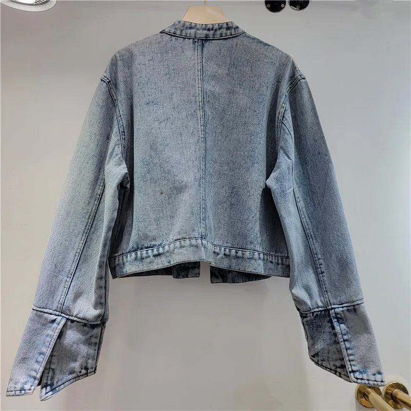 DEAT Women's Denim Coat Stand Collar Luxury Diamonds Shiny Female Buttonless Short Jackets 2026 Summer New Fashion 29A376